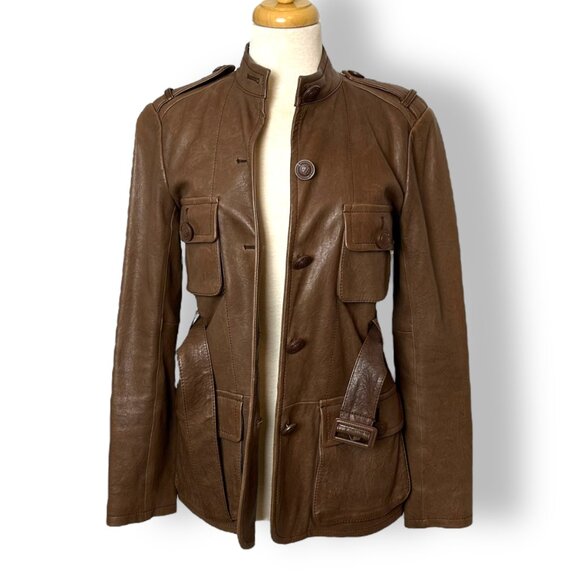 Max Studio Brown Leather Jacket, Belted Nero Collarless Pockets Lined Hip Length - Picture 1 of 11
